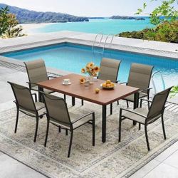 7 Piece Metal Outdoor Dining Set with 63 in. Walnut Rectangle Table and 6 Brown Stackable Padded Textilene Dining Chairs