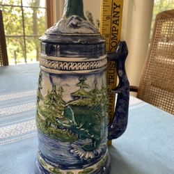 Hand painted Ceramic Blue And Green Trout Stein With Removable Lid