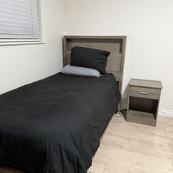 Twin Size Bed Frame + Mattress, Nightstand, Shelf