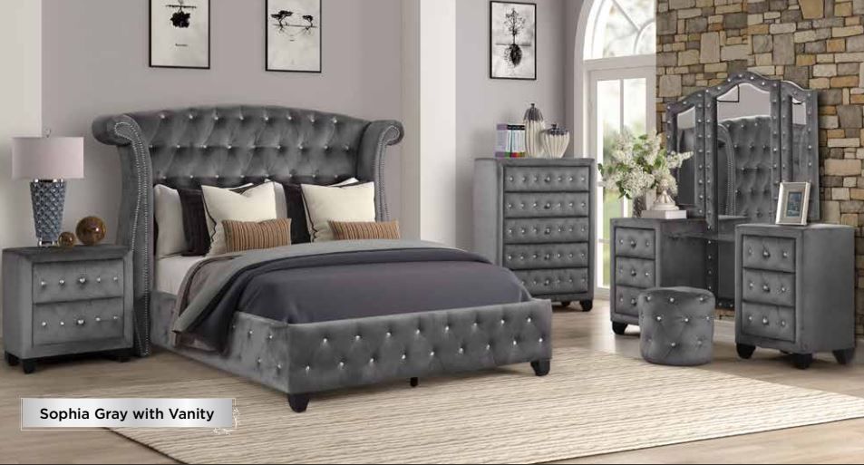 New stock gray velvet queen bedroom set bed vanity set chest and night stand