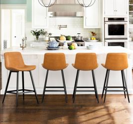 New Set of 4,  Brown 24 in. Low Back Metal Frame Faux Leather Upholstered Cushioned Counter Height Bar Stool