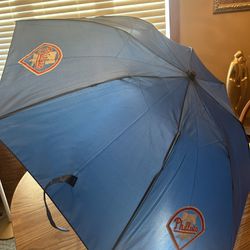 Philadelphia Phillies Baseball umbrella - blue / red - wood handle push button opening Large 35" when open  Very good condition 