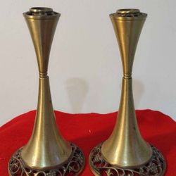 Oppenheim Israel Sabbath Brass Candlestick Pair Grapevine 9" Tall.