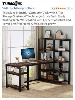 Computer Desk with 5 Tier shelves-  Retro Brown