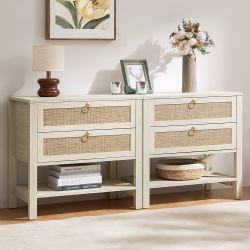 White Rattan Narrow Bedside Table Night Stand, Large Set of 2 Nightstand with Drawers Storage Shelf Boho Side Table for Bedroom 