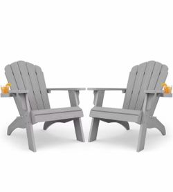C) Oversized Adirondack Chair Set of 2 with Cup -Holder- Grey Heavy Duty Poly Lumber Outdoor Fire Pit Chair, Weather Resistant, Plastic Chair for Pati