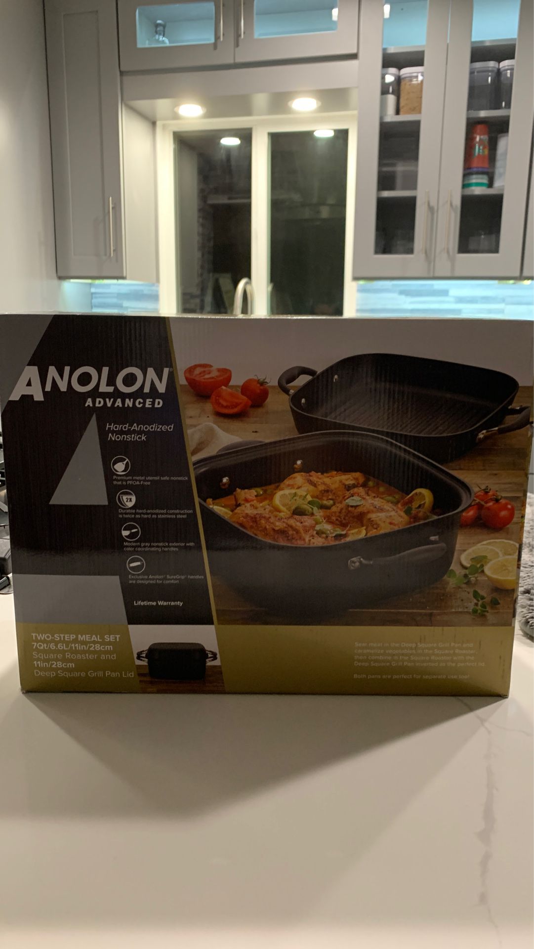 Anolon Advanced Home Hard-Anodized Nonstick 7 qt. Square Roaster/Grill Pan Set in Moonstone