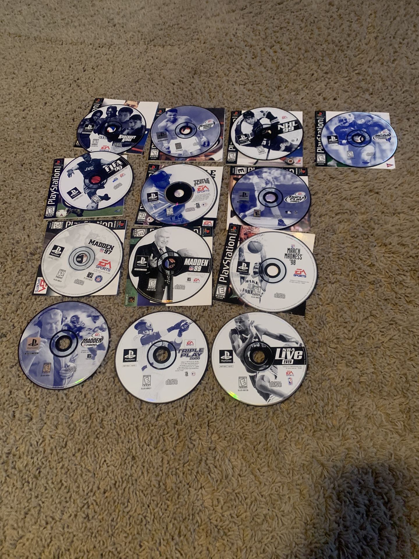 13 Playstation 1 Video Games. Madden, March Madness Nba Live Triple Play Baseball NHL 99 FIFA 99 Knockout Kings