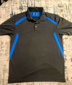 PGA Tour Motion Flux 360 men's short-sleeve golf polo shirt in grey with blue. Men's size Large. Made of polyester and spandex.