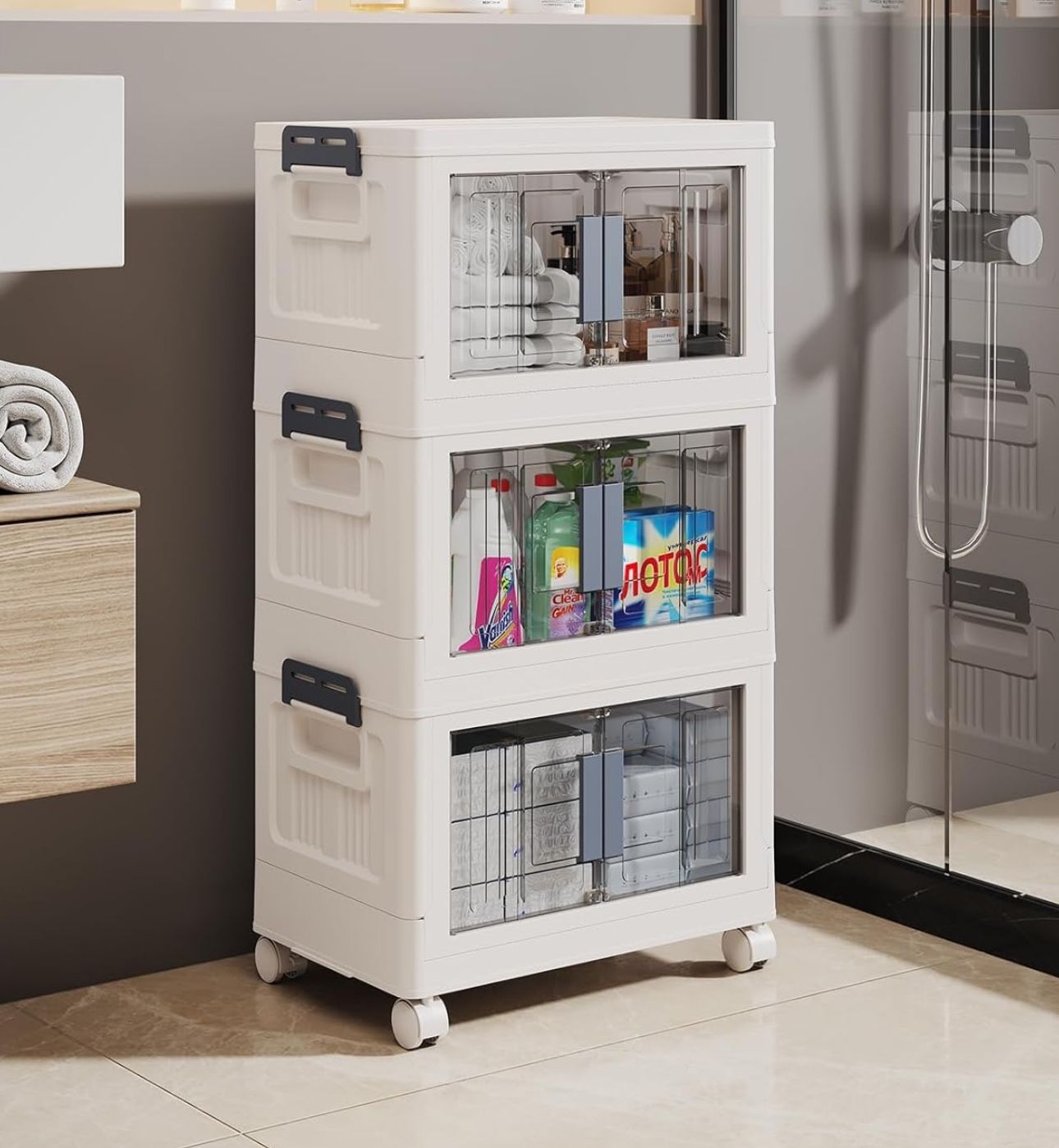 Folding Storage box with Doors and Wheels, Collapsible Plastic Storage Bins for Closets, 3 Pack Cube