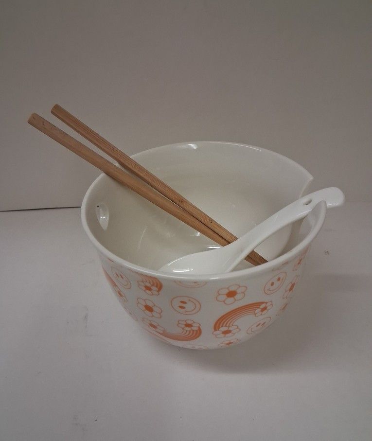 one ceramic Ramen noodle bowl with ceramic spoon and wood chopsticks ONLY $2!