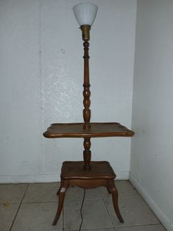 Vintage Wood Floor Lamp with Two-Tier Table