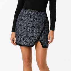 Express Size 2 Jacquard Faux Leather Trim Tapestry Mini Skirt Blue Metallic