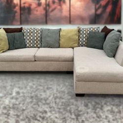 Ashley Furniture Casheral Beige Linen Chaise Sectional w/ Back Pillows