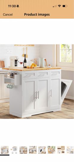 Dripex 41.5'' Kitchen Island with Power Outlet, Trash Cabinet & Storage Rolling Kitchen Cart with Drop Leaf, Solid Wood Top, 3 Drawers, Mobile Kitchen