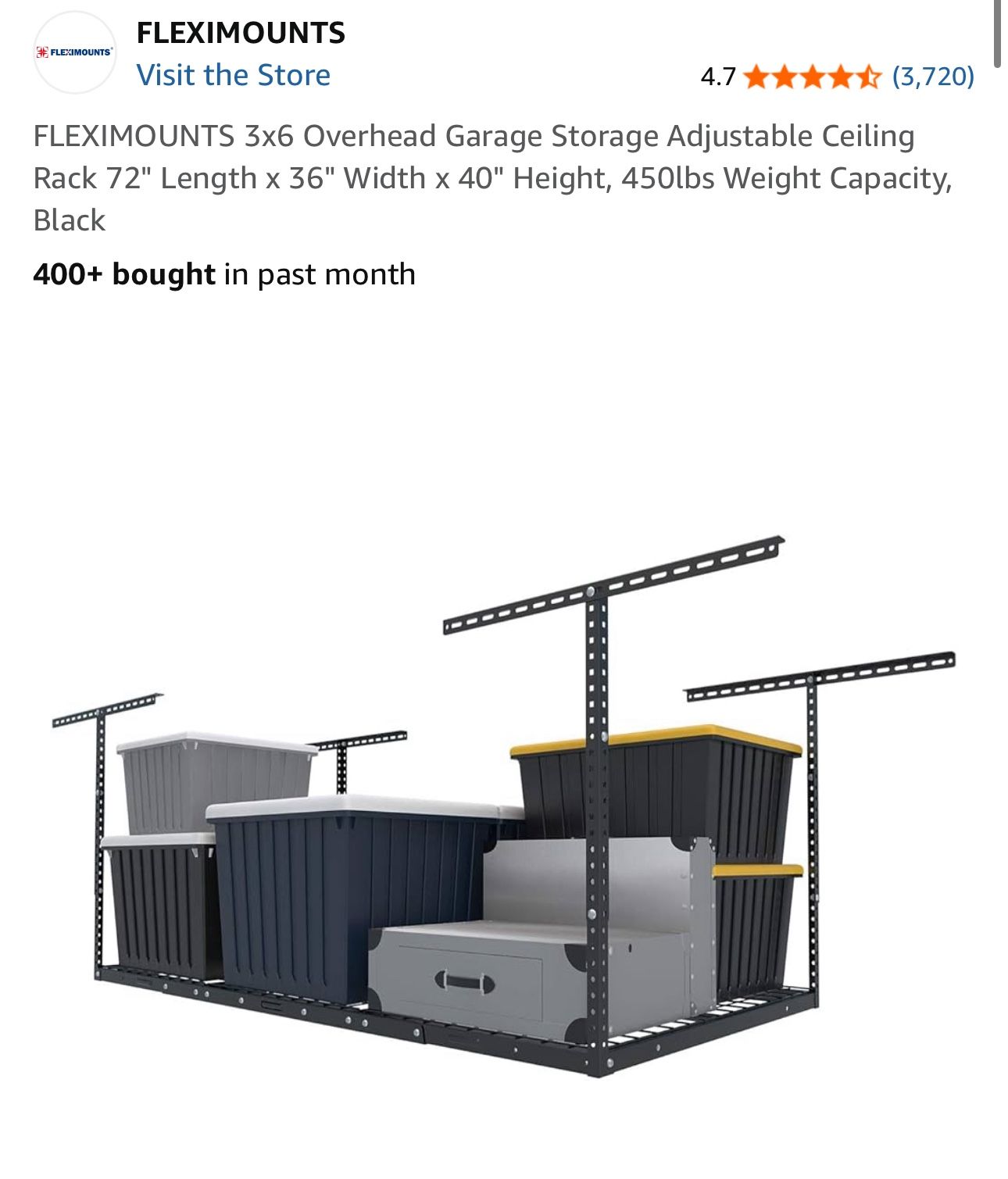FLEXIMOUNTS 3x6 Overhead Garage Storage Adjustable Ceiling Rack 72" Length x 36" Width x 40" Height, 450lbs Weight Capacity, Black