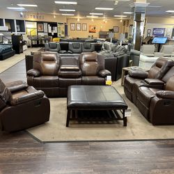 3-Pcs Brown Leather Recliner Set (Sofa, Loveseat, Rocker Chair) Dropped Down From $3995 To $2000