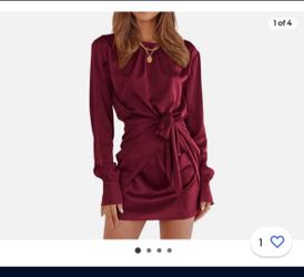 Womens Medium Wine Red Long Sleeve Satin Cocktail Dress