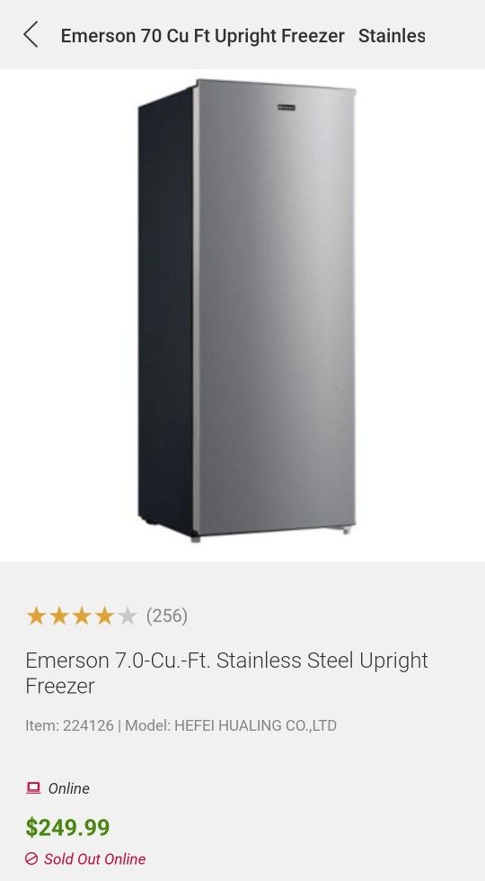 Emerson 7-Cu.-Ft. Stainless Steel Upright Freezer 