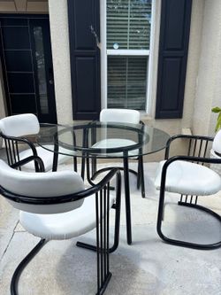 Modern Round Glass Dining Table Set with 4 Upholstered Chairs