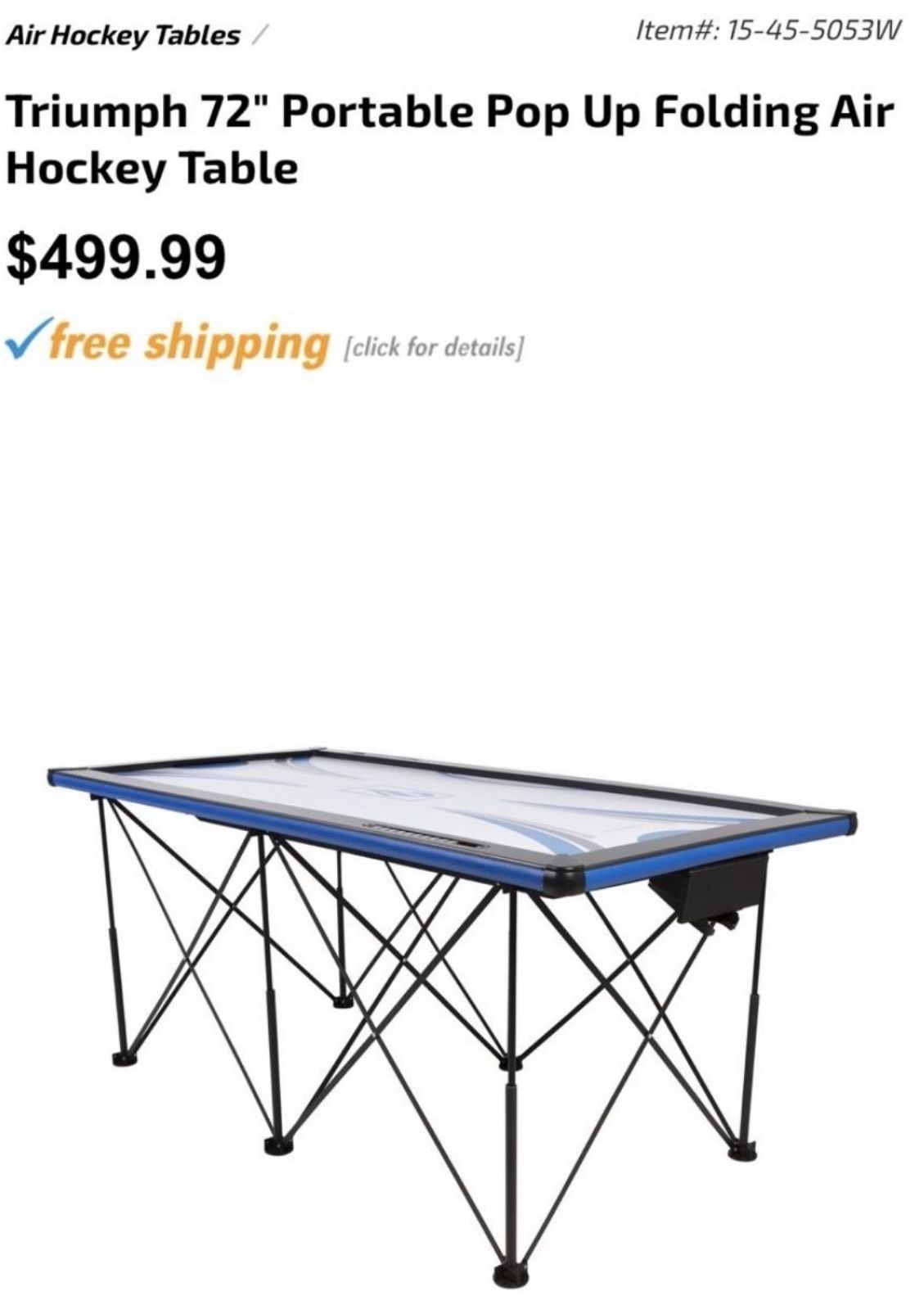 Triumphs Sports 72” Portable Pop Up Folding Air Hockey Table with Folding Legs, Instant Assembly and Accessories Included, (45-5053W)