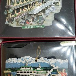 Nations Treasures Christmas Ornaments Seattle 1939 Pike Place & Water Front Ferry Solid Brass 3 D tree Ornaments Vintage NIB Collectables 