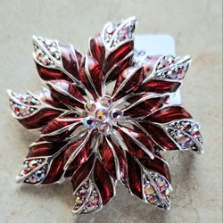 Red And Silver Poinsettia Brooch