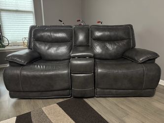 Gray Leather Power Reclining Loveseat with Console