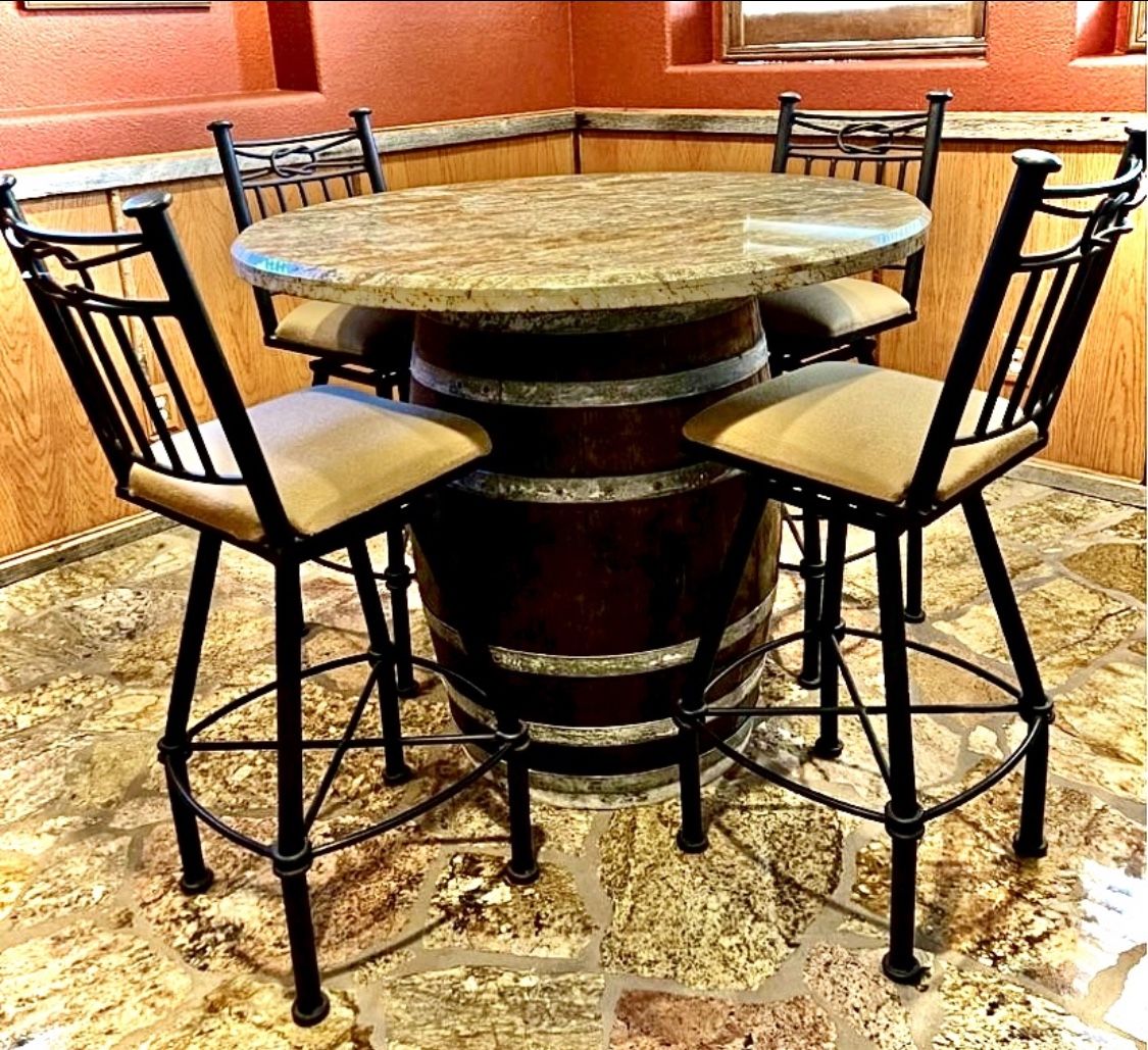 NO LOW BALLERS!!! Marble Top Barrel Counter Height Table And Bar Stools