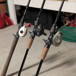 3 Bass fishing Baitcasting combos - Daiwa, Okuma, Abu Garcia, Pflueger, Berkeley