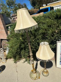 Matching Ornate Floor Lamp & Table Lamp Set with Beaded Fringe Silk-Style Shades