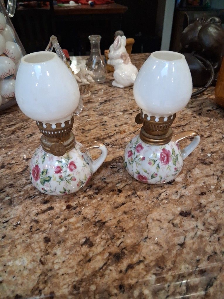 Vintage Lefton Rose Chintz Mini Oil Lamps