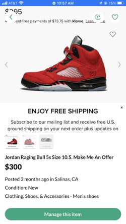 Jordan 5s Raging Bull Size 10.5