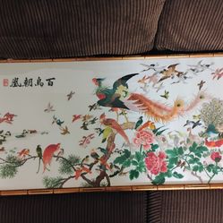 41x19 vintage Chinese silk embroidery panel Known as 100 BIRDS ADORING THE PHOENIX 🐦‍🔥