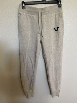 True Religion Womens Small Beige Gray Logo Jogger Sweatpants Zip Ankle Drawstring