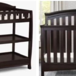 Traditional solid Cherry wood Delta crib w/ toddler conversion $65, matching baby changing table 25, Mattress 25