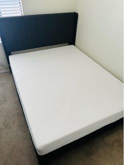 Queen Bed Frame with Upholstered Headboard + Memory Foam Mattress – Great Condition