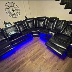 Orion Black Leather Power Reclining Sectional Couch Home Theater Movie Game Seating 