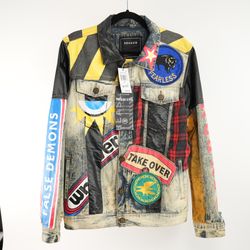 Reason Craze Distressed Denim Jacket Medium Blue Patchwork Graphic Trucker