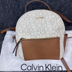Calvin Klein Women Medium Zip Backpack CK Logo Cream /Brown