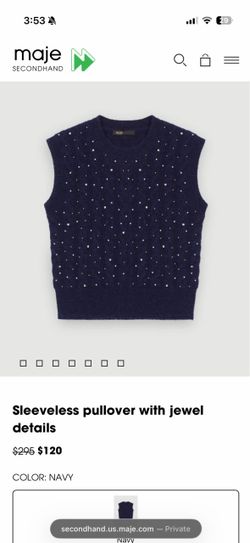 Maje Navy Jewel Detail Sleeveless Knit Pullover