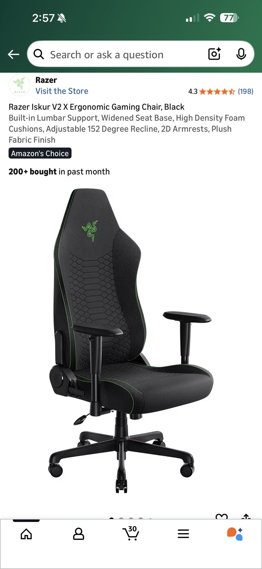 Brand New Razer Black w/Green Stitch Tall Back Reclining Gaming Chair