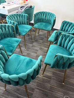 Set of 6 Teal Velvet & Gold Dining Chairs /