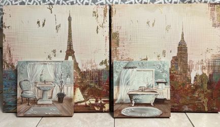 4 Canvas Wall Art Set – Paris NYC + Bathroom Decor