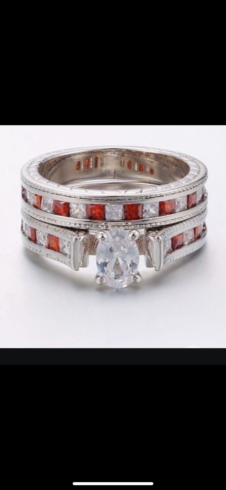 Stunning 925 Sterling Silver Oval Cut White Sapphire Set Along Ruby & White Sapphires Natural Breathtaking EngagementRing Matching WeddingBand BridalS