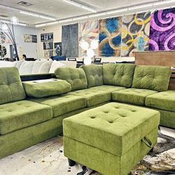 Olive Water Resistant Fabric Reversible Sectional With Cup Holder And Storage Ottoman. Brand New.