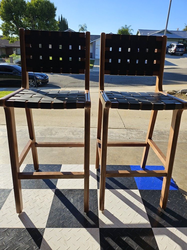 2 NEW BAR STOOLS OR KITCHEN STOOLS HAND MADE WITH LEATHER STRAPPING MINT