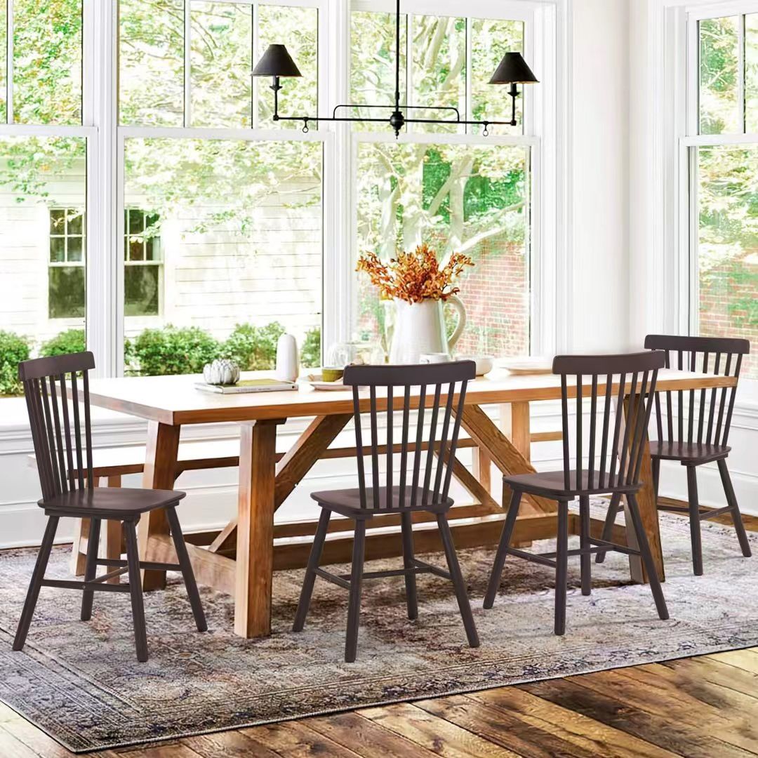 Brwon Set of 4 Dining Chair, Solid Wood Spindle Back Wooden Chairs for Kitchen and Dining Room