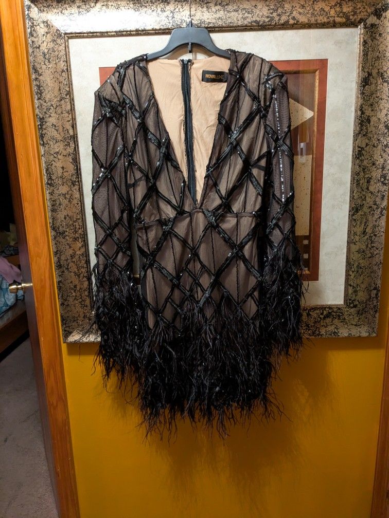 NovaLuxe Black Beaded Mesh & Feather Mini Dress – BRAND NEW