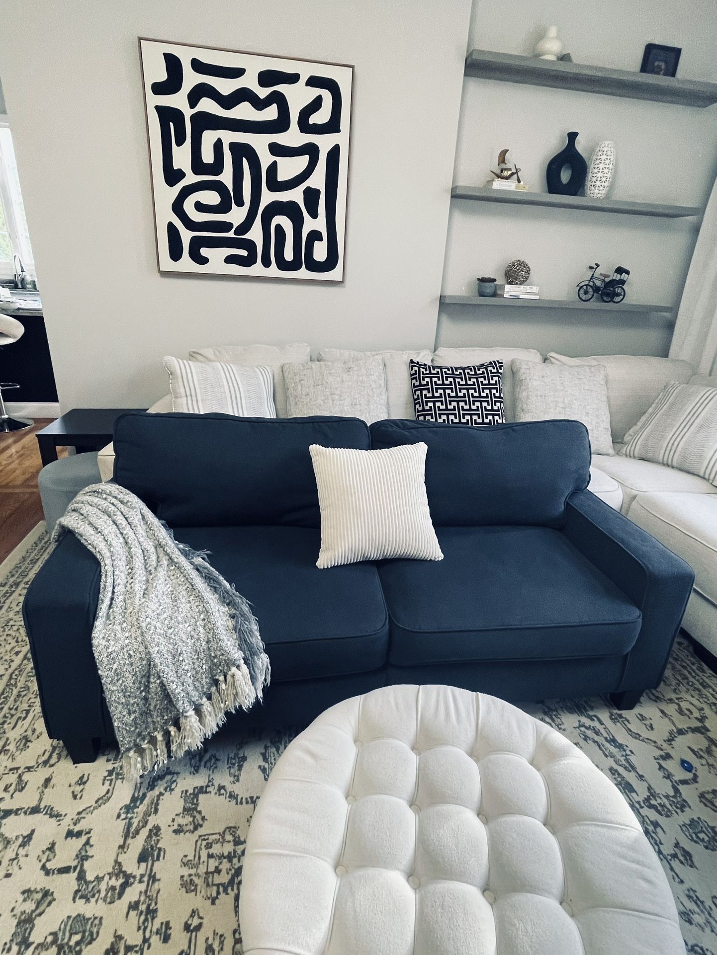 Free Delivery! Deep Navy Blue Modern Couch in great condition. Fully Clean from Smoke & Pet free home